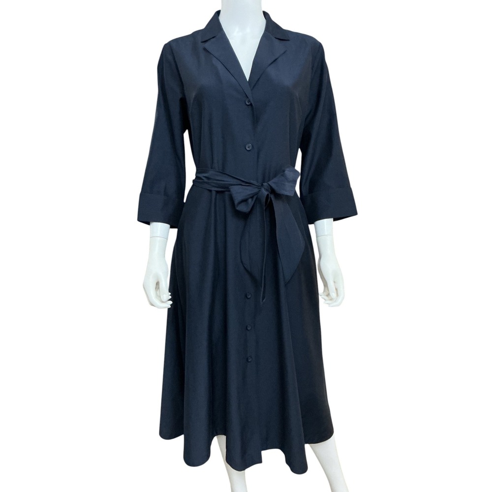 J. Peterman Shirtwaist Dress Womens 10 Navy Silk Cotton 1940s Style Retro Midi